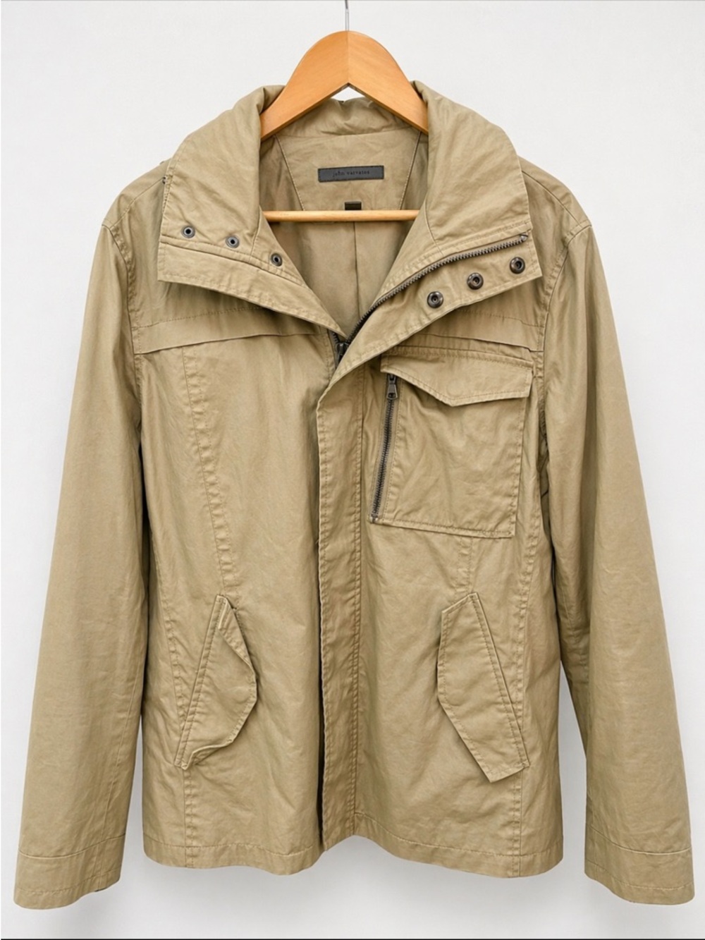 John Varvatos Men’s Utility Jacket Hidden Hood Water-Resistant Khaki L/46